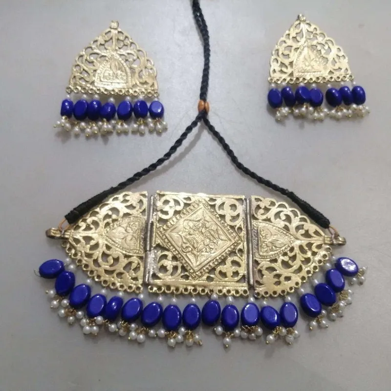 Tribal Amulet Blue Beads Choker with Earrings