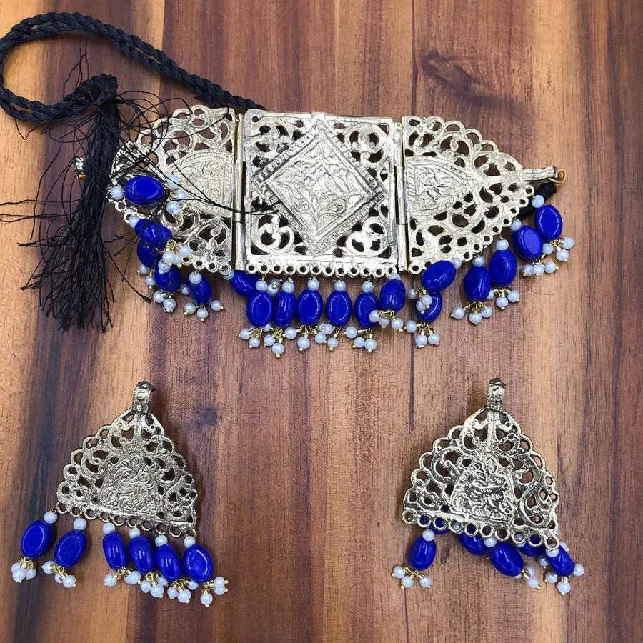 Tribal Amulet Blue Beads Choker with Earrings