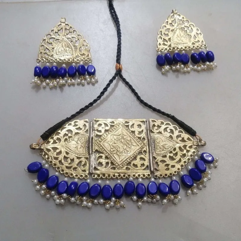 Tribal Amulet Blue Beads Choker with Earrings