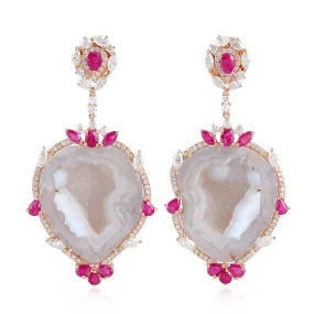 Uneven Geode Pink Ruby Gemstone Prong Diamond 18K Rose Gold Designer Dangler For Her