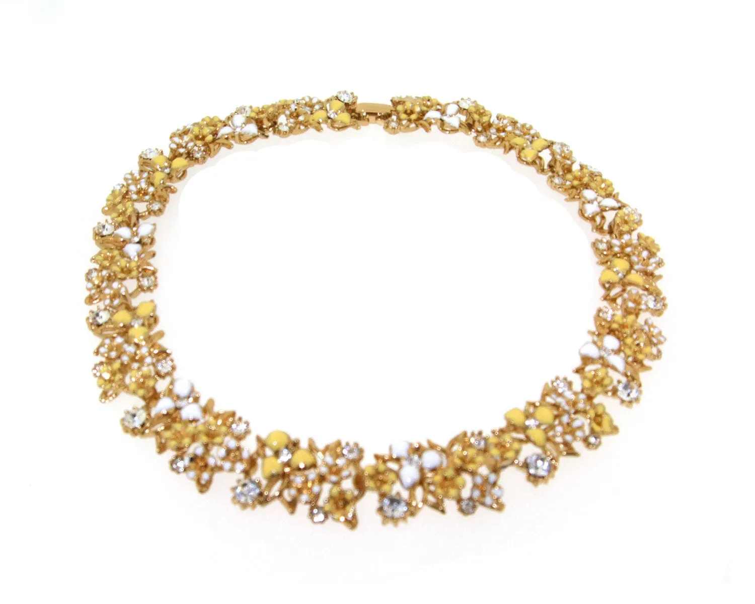 Vintage Style Yellow White Floral Enamel Gold Necklace