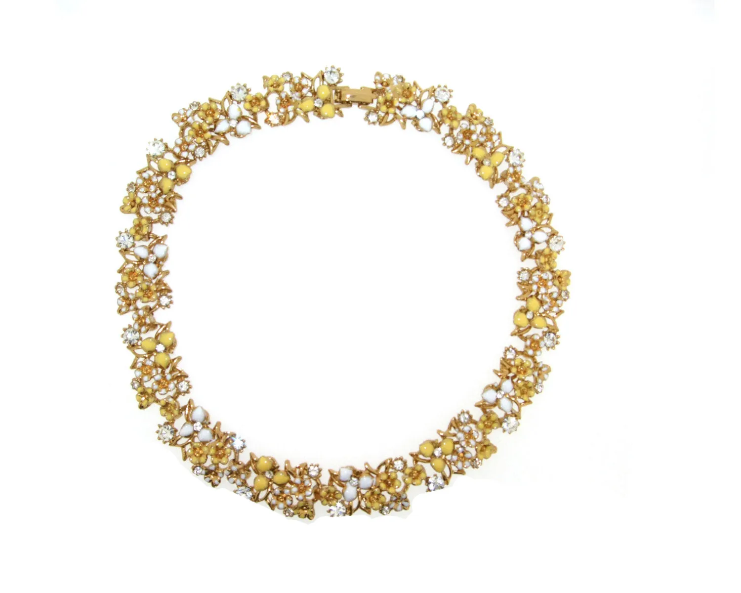 Vintage Style Yellow White Floral Enamel Gold Necklace