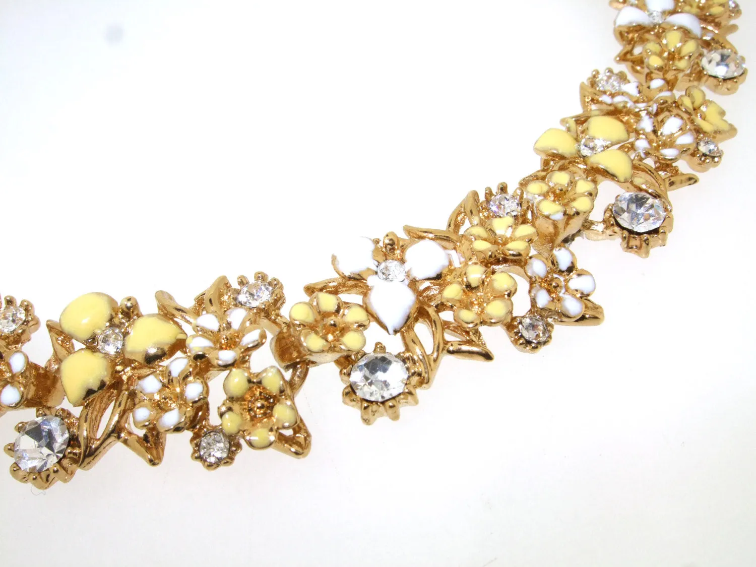 Vintage Style Yellow White Floral Enamel Gold Necklace