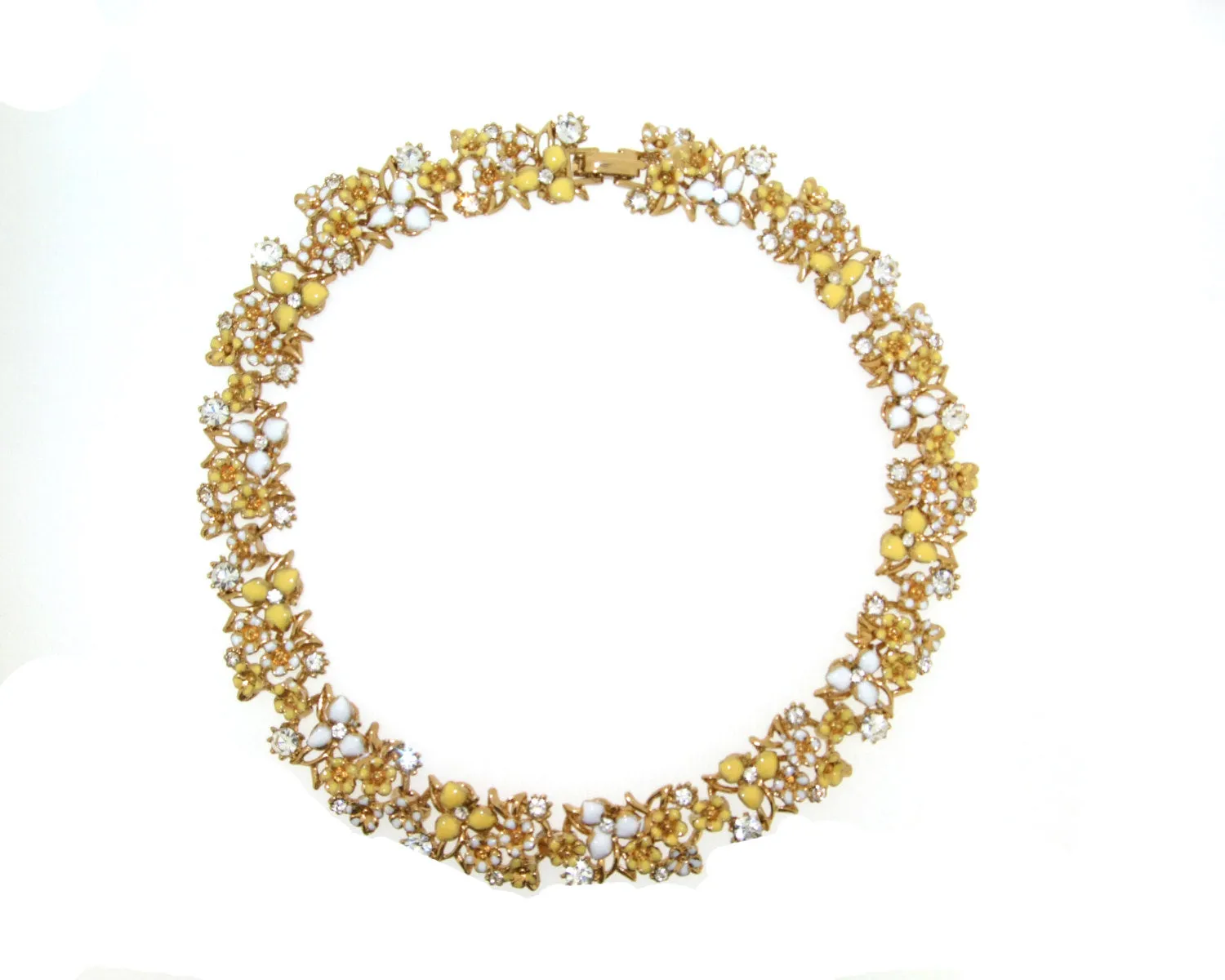 Vintage Style Yellow White Floral Enamel Gold Necklace